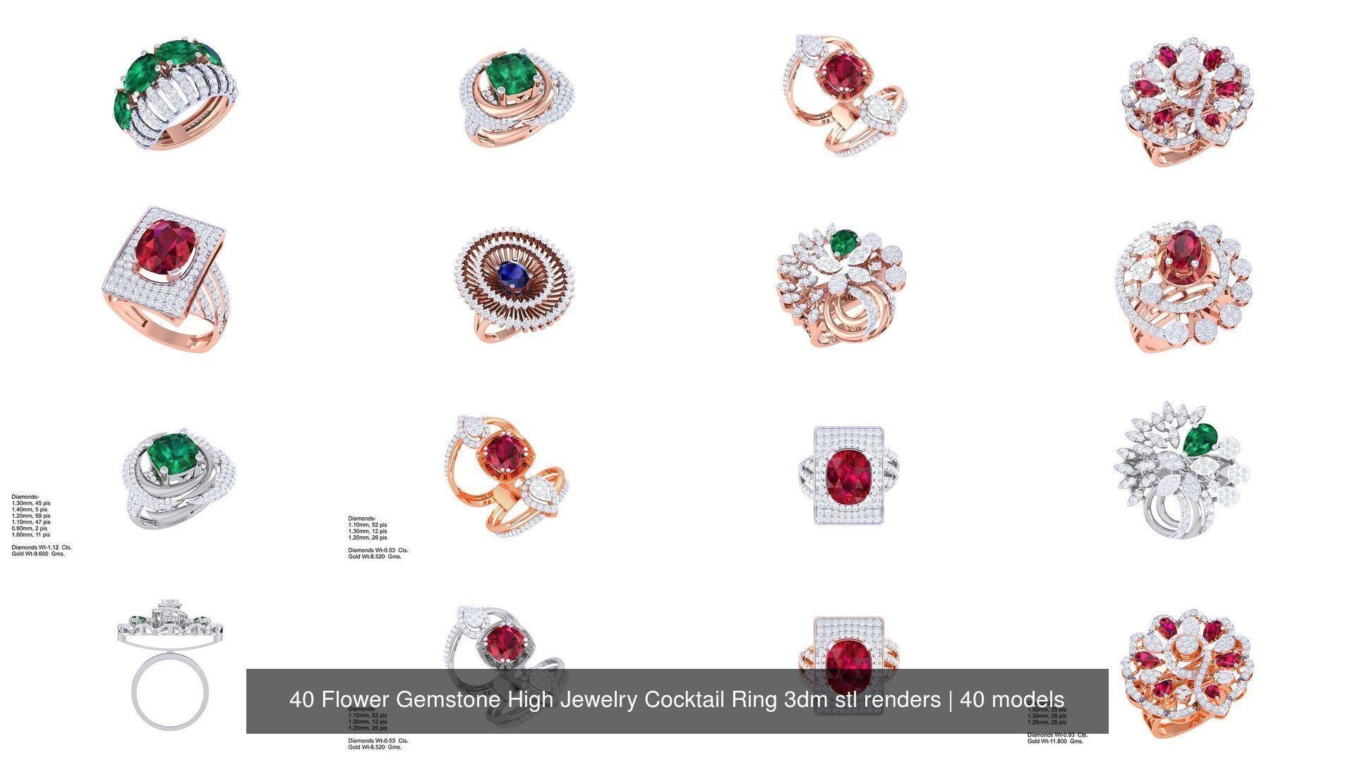 40 Flower Gemstone High Jewelry Cocktail Ring 3dm stl renders 3D Model Collection_3