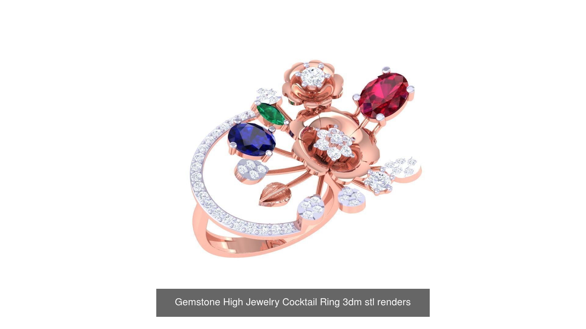 40 Flower Gemstone High Jewelry Cocktail Ring 3dm stl renders 3D Model Collection_25
