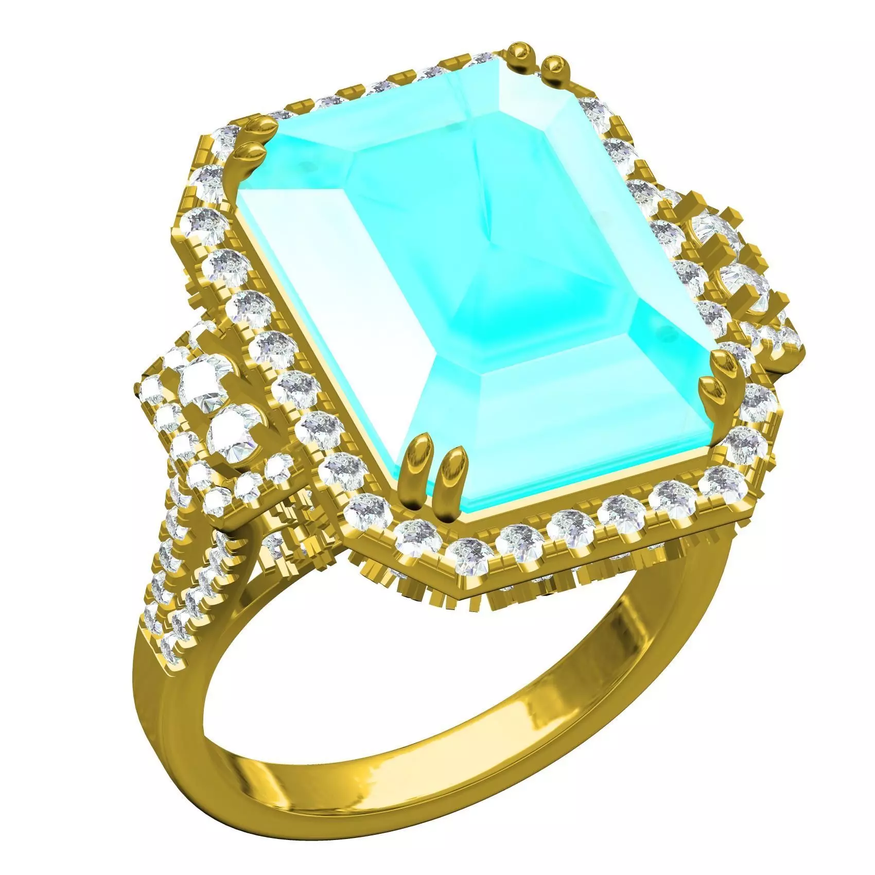 Aqua Blue Emerald Stone Diamond Halo Cathedral Ring 3D print model