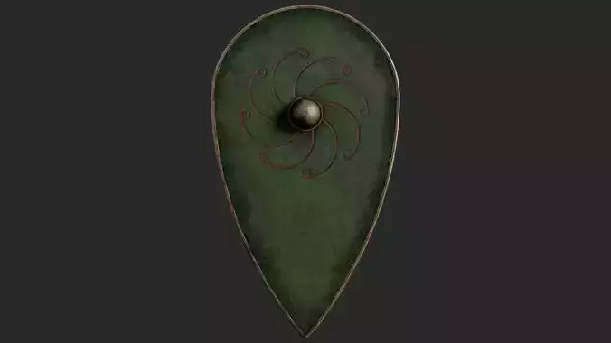 Slavic kite leather shield-painted green with spiral symbol Low-poly 3D model