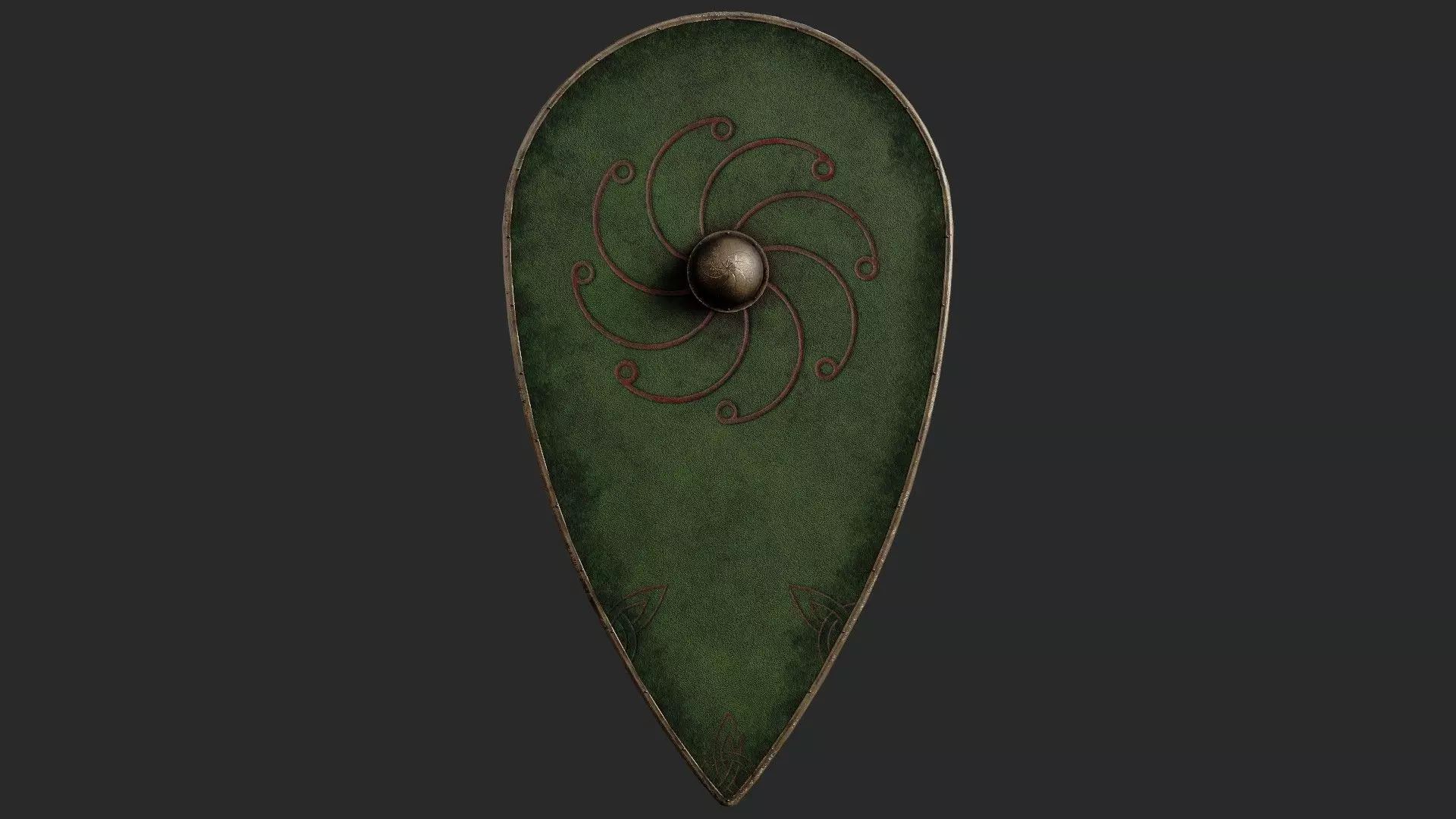 Slavic kite leather shield-painted green with spiral symbol Low-poly 3D model_0