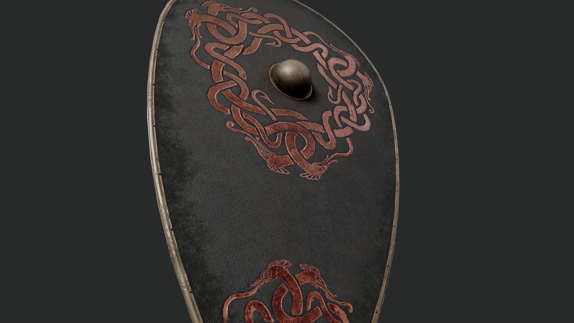 Slavic kite leather shield-painted black with uroboros symbol Low-poly 3D model_4
