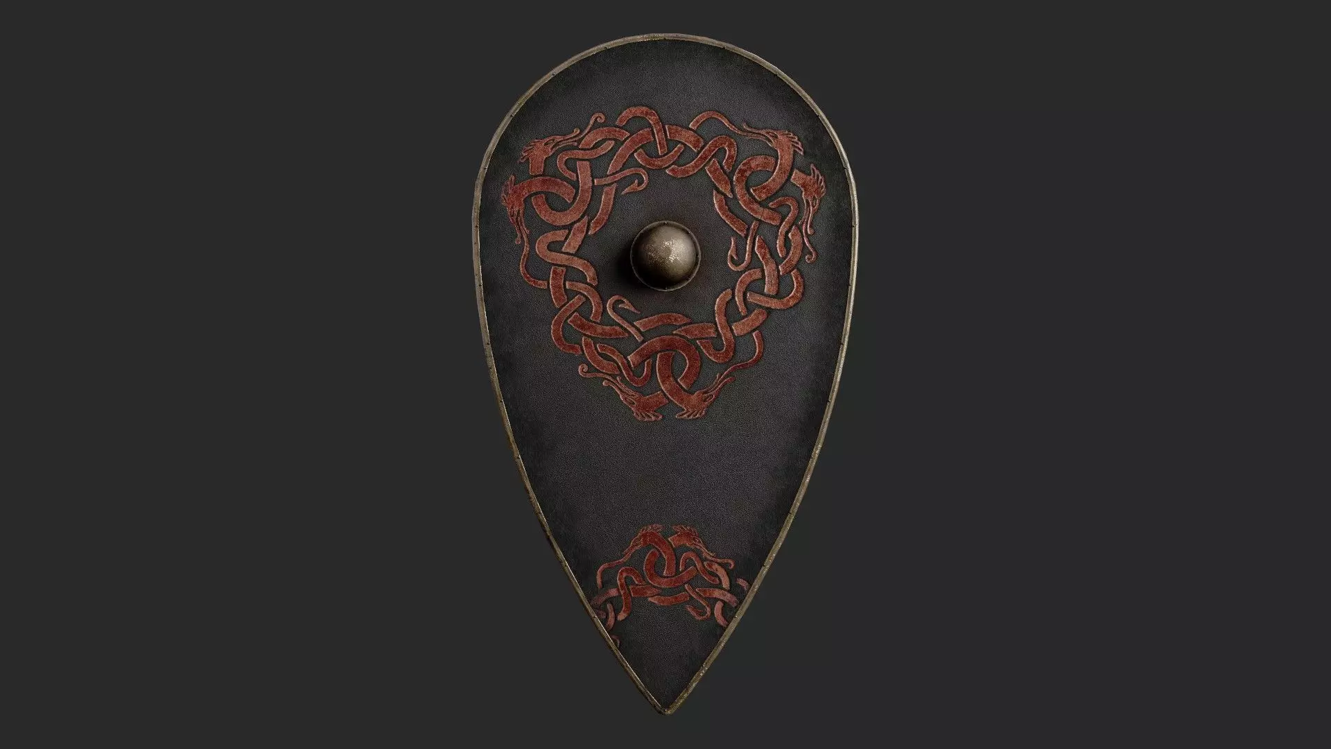 Slavic kite leather shield-painted black with uroboros symbol Low-poly 3D model_0