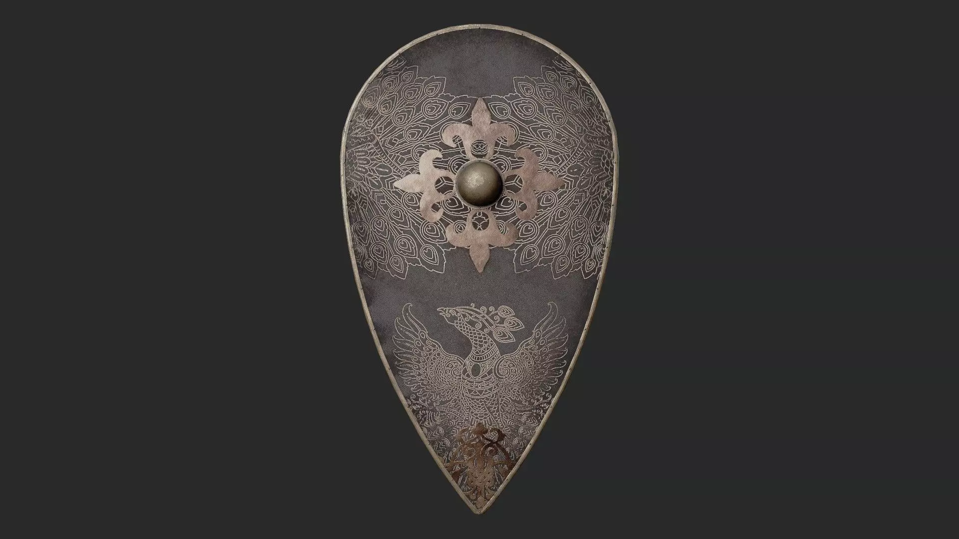 Slavic kite leather shield-painted black with pheasant symbol Low-poly 3D model_0