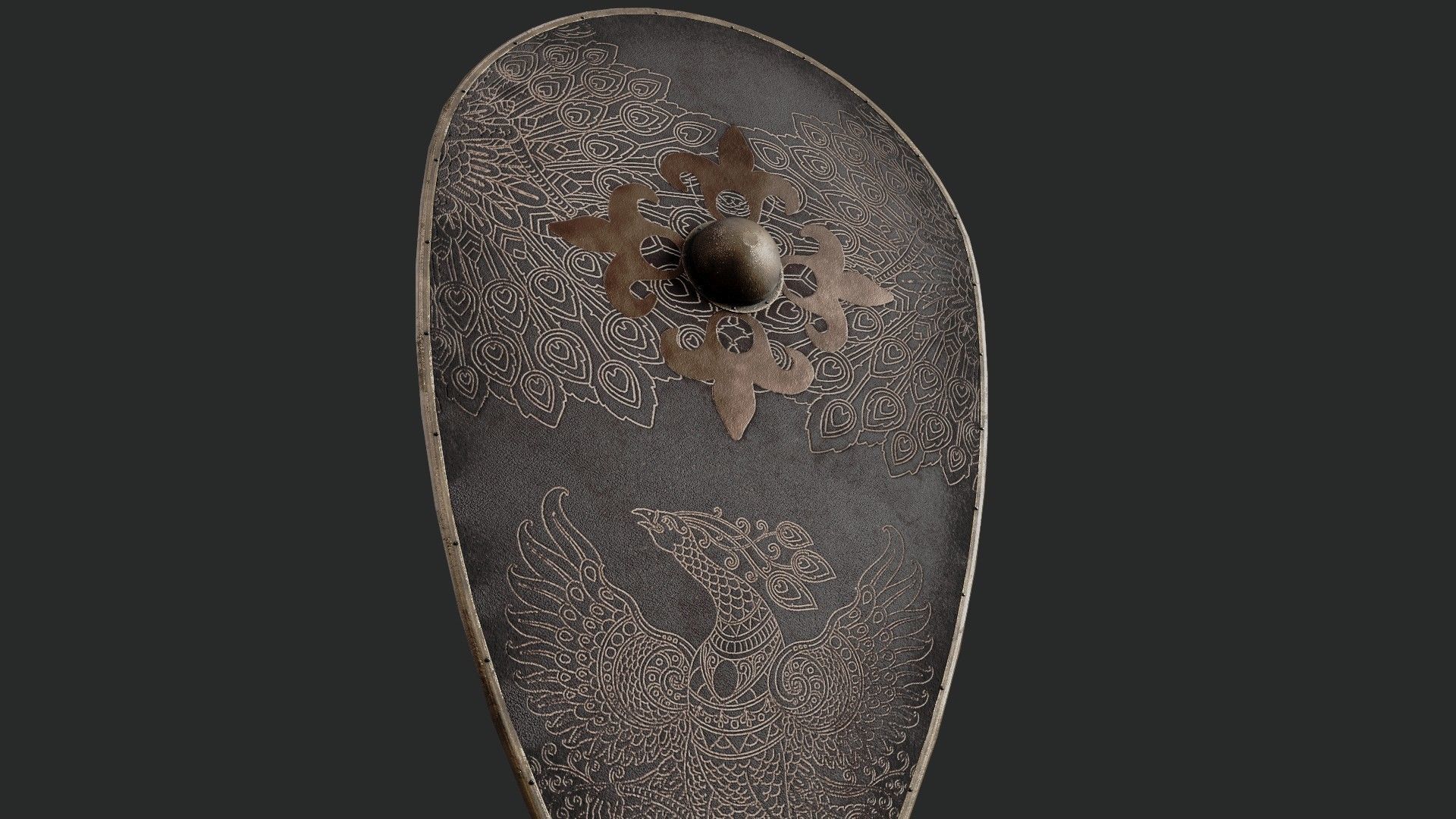 Slavic kite leather shield-painted black with pheasant symbol Low-poly 3D model_4