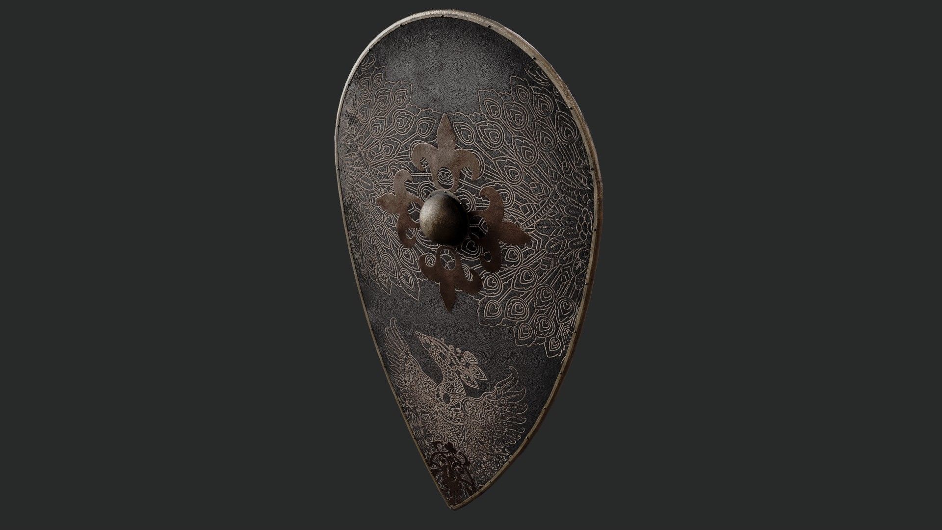 Slavic kite leather shield-painted black with pheasant symbol Low-poly 3D model_5