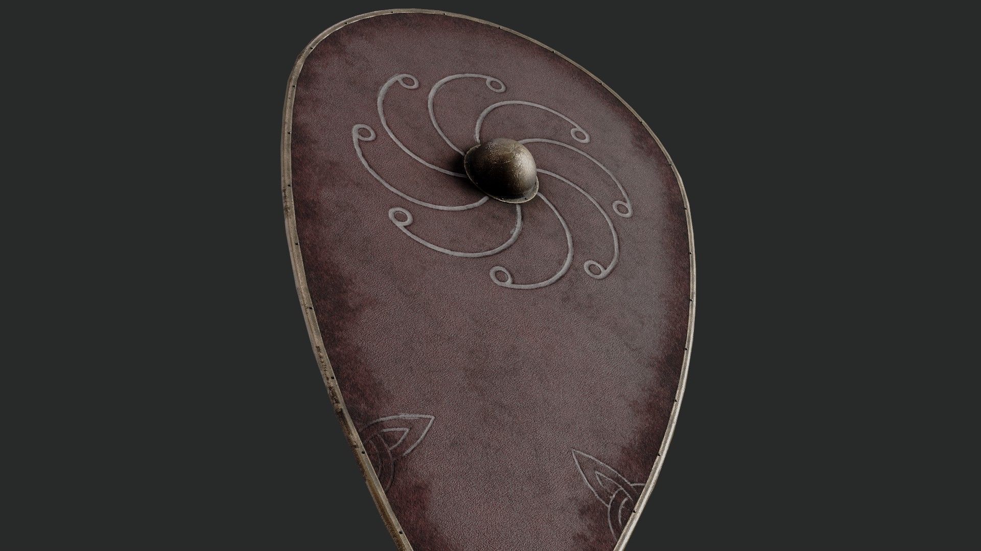 Slavic kite leather shield-painted red with spiral symbol Low-poly 3D model_4