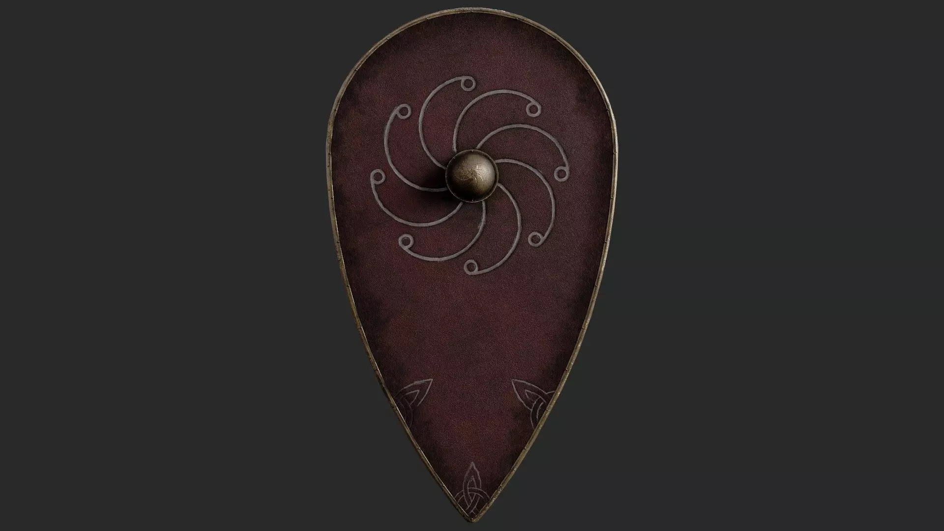 Slavic kite leather shield-painted red with spiral symbol Low-poly 3D model_0