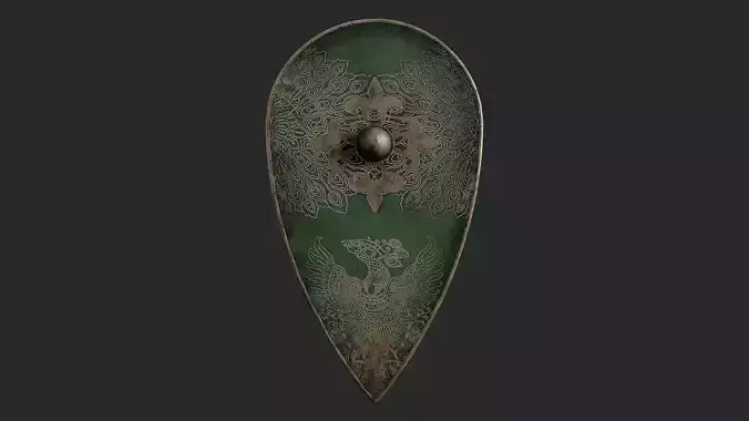 Slavic kite leather shield-painted green with pheasant symbol Low-poly 3D model