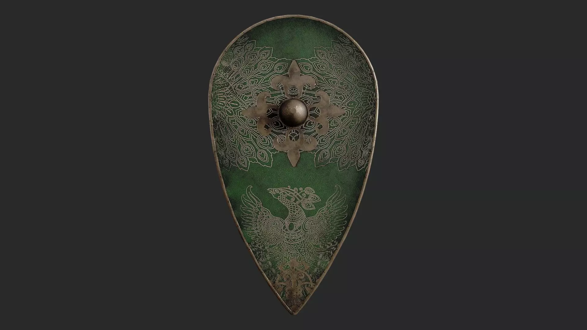Slavic kite leather shield-painted green with pheasant symbol Low-poly 3D model_0