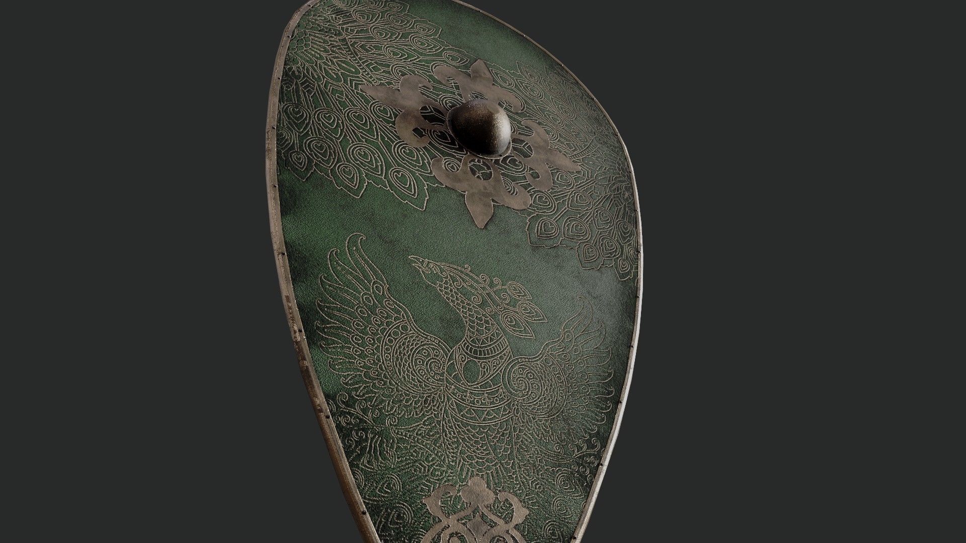 Slavic kite leather shield-painted green with pheasant symbol Low-poly 3D model_4