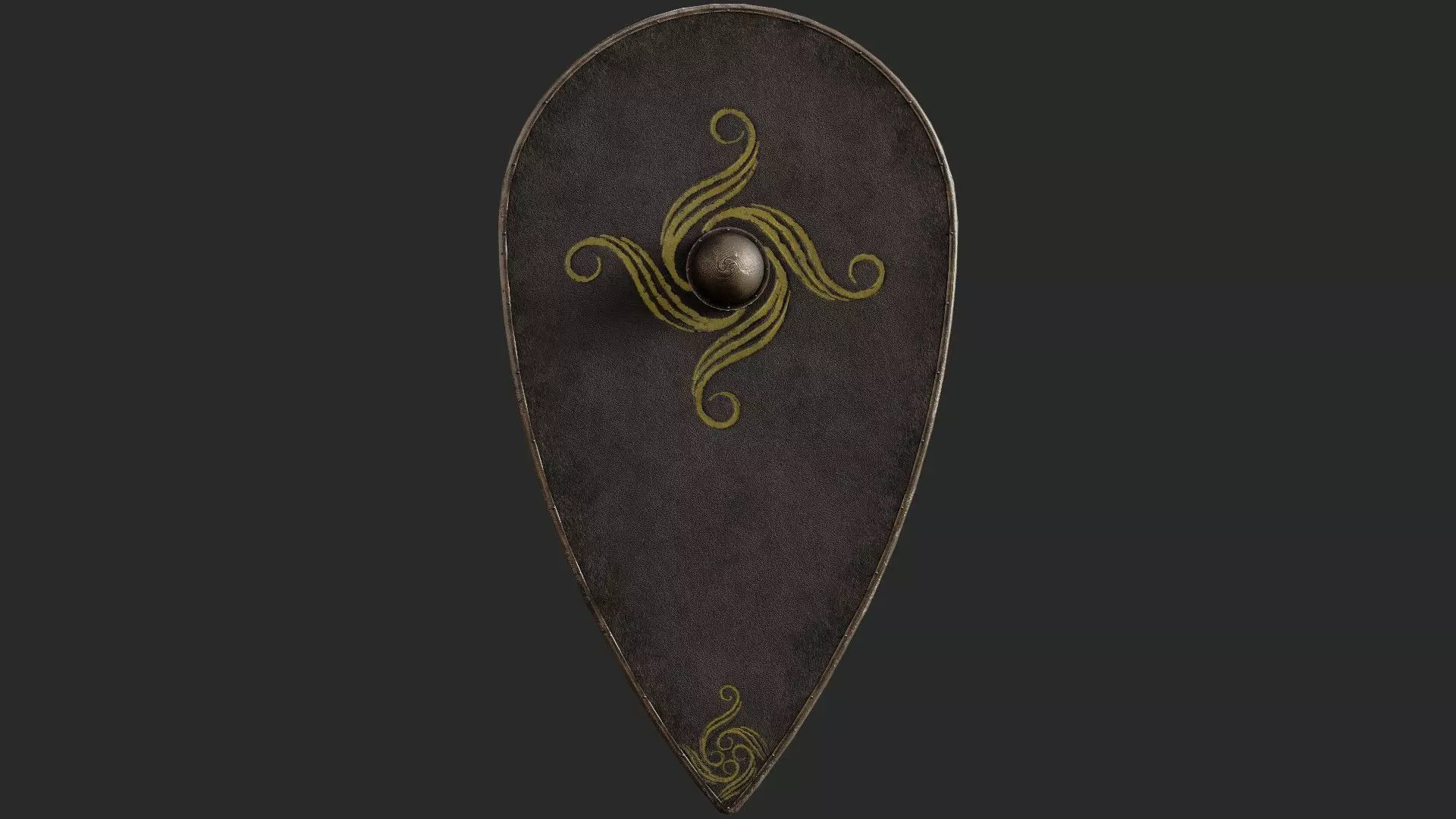 Slavic kite leather shield-painted black with spiral symbol Low-poly 3D model_0