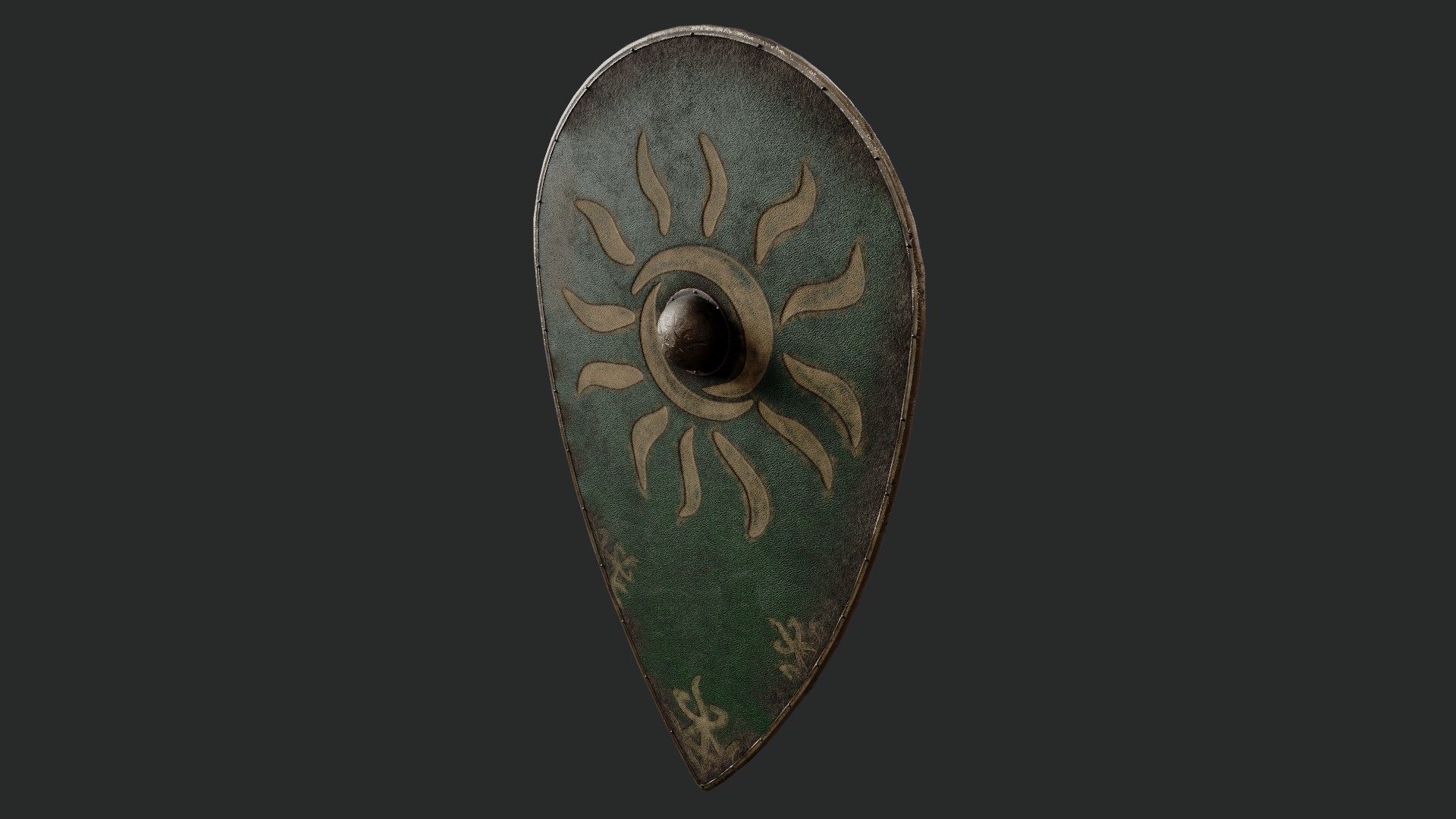 Slavic kite leather shield-painted green with Sun symbol Low-poly 3D model_5