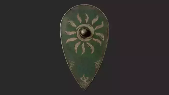 Slavic kite leather shield-painted green with Sun symbol Low-poly 3D model Slavic kite leather shield-painted green with Sun symbol Low-poly 3D model