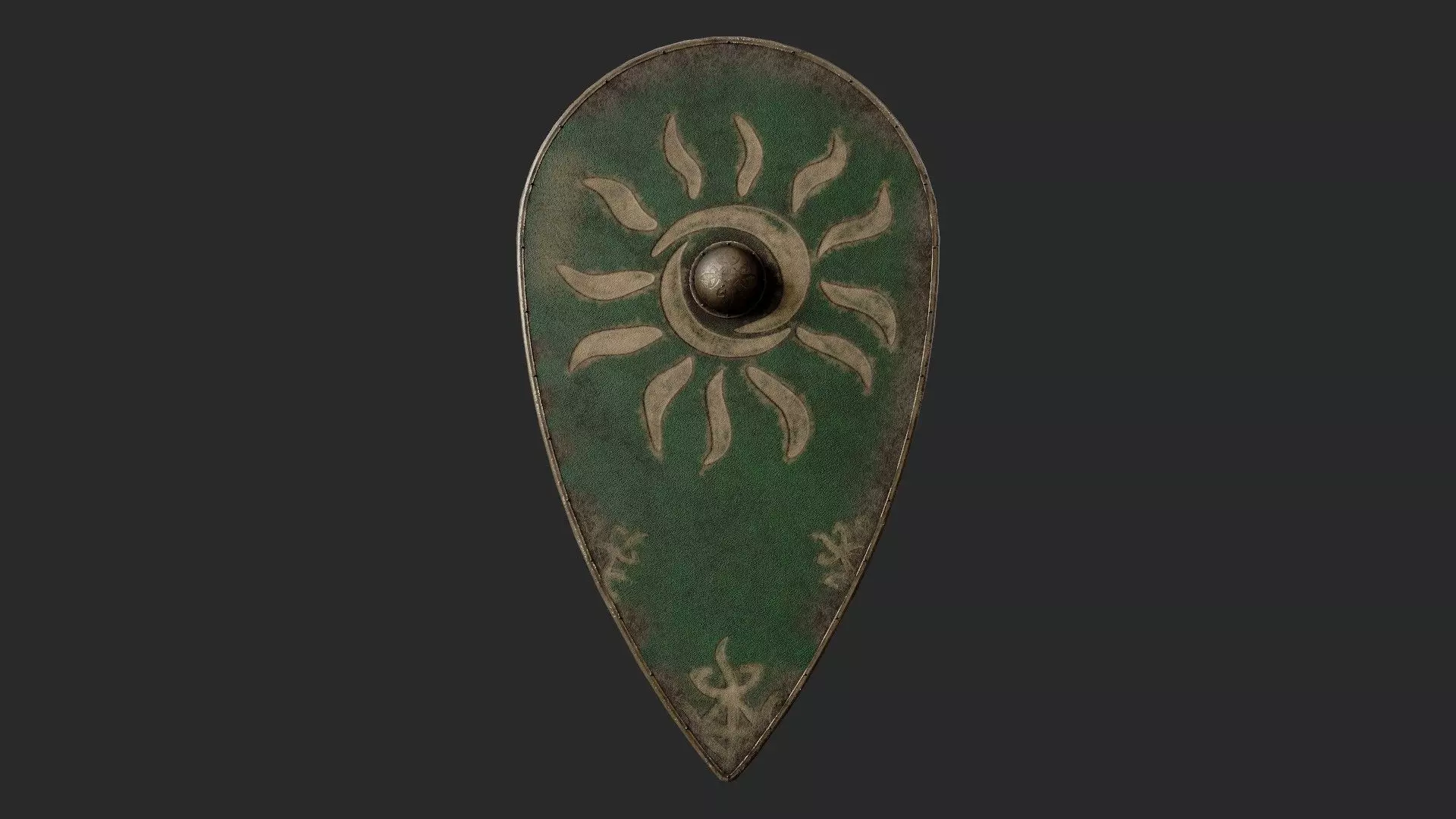 Slavic kite leather shield-painted green with Sun symbol Low-poly 3D model_0