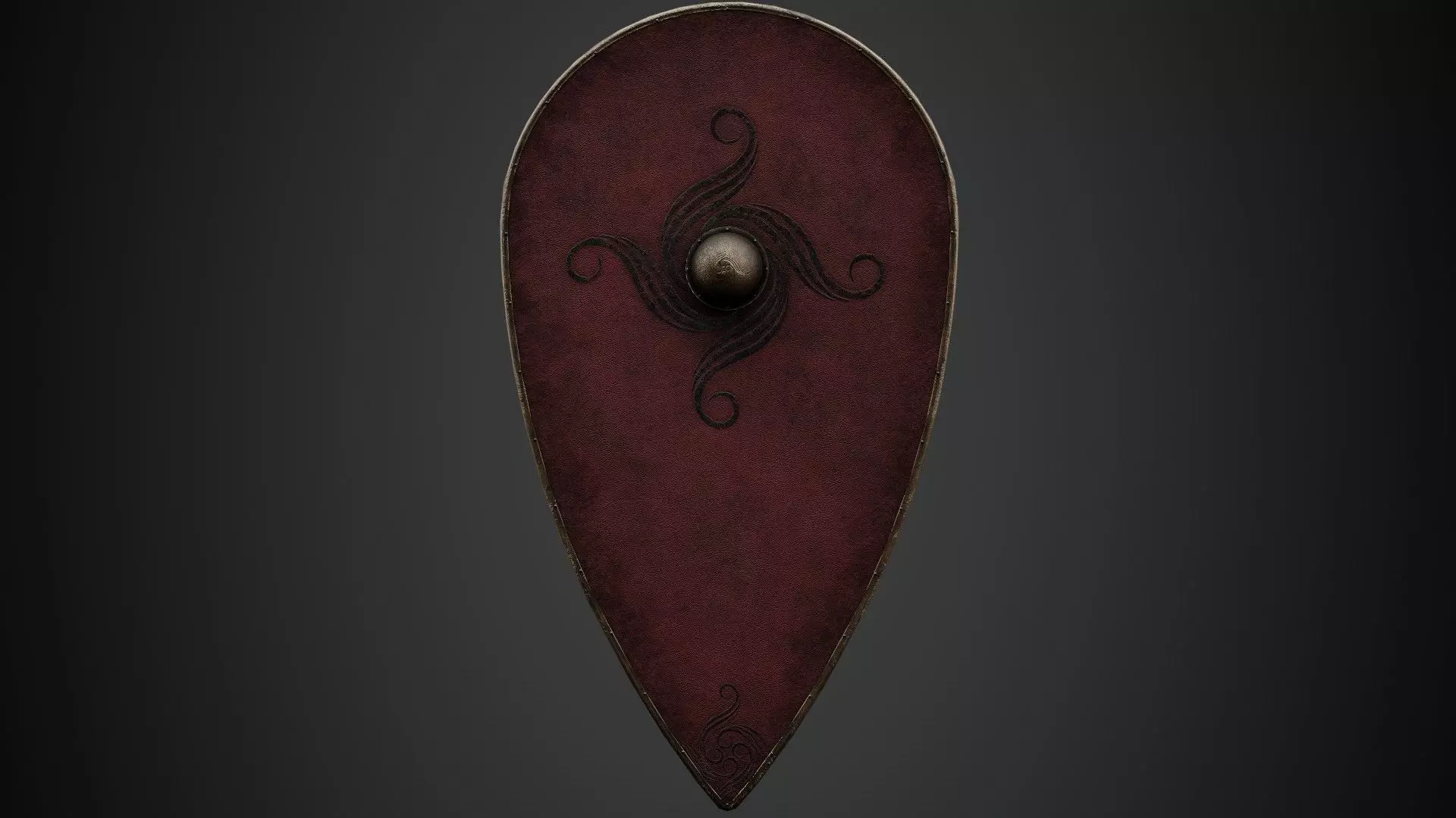 Slavic kite leather shield-painted red with spiral symbol Low-poly 3D model_0