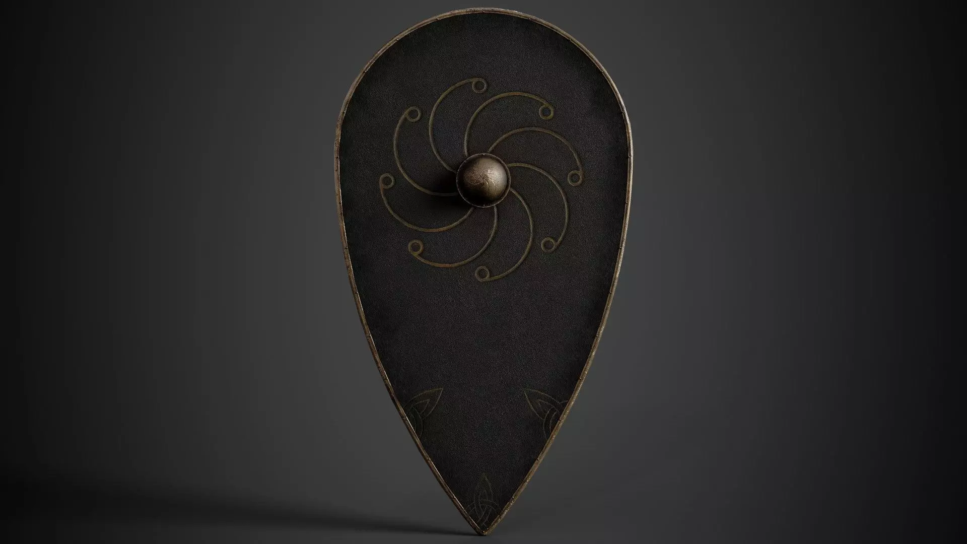 Slavic kite leather shield-painted black with radial symbol Low-poly 3D model_0