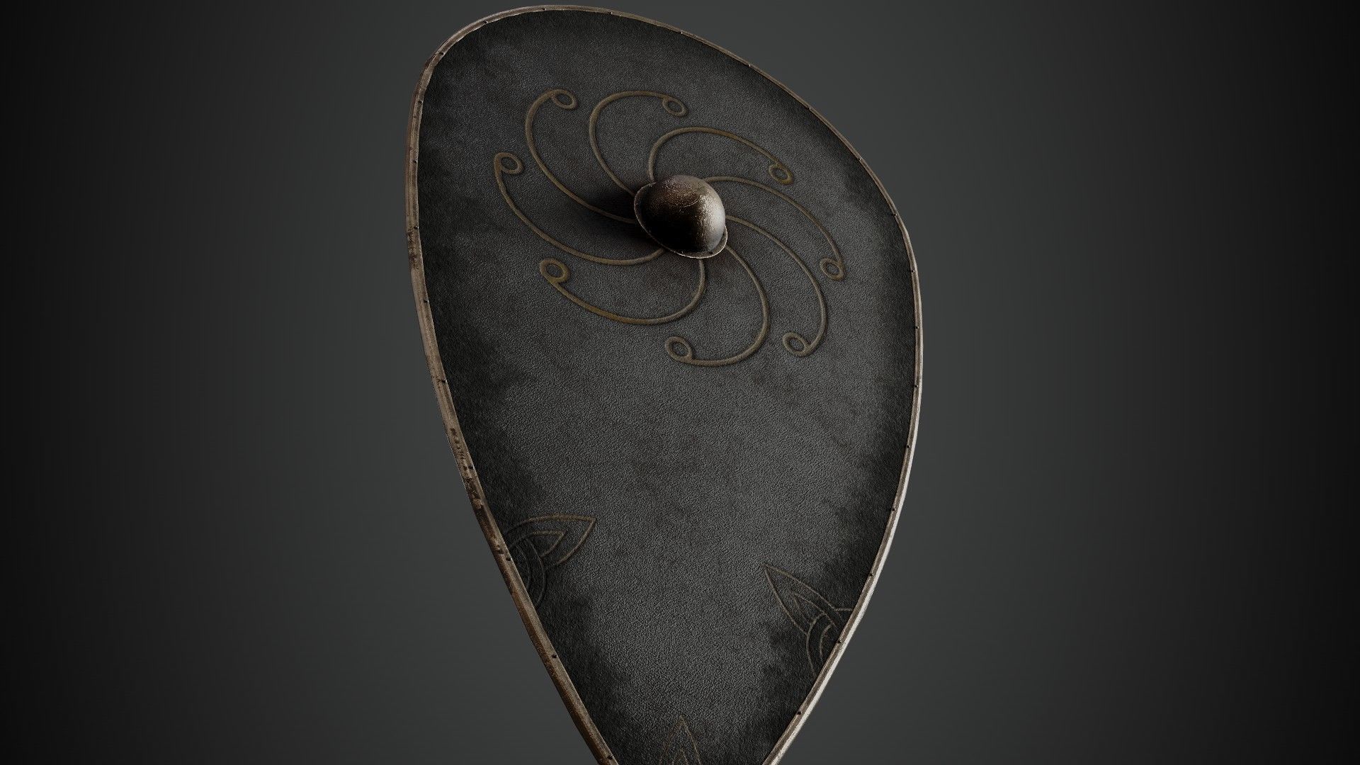 Slavic kite leather shield-painted black with radial symbol Low-poly 3D model_4