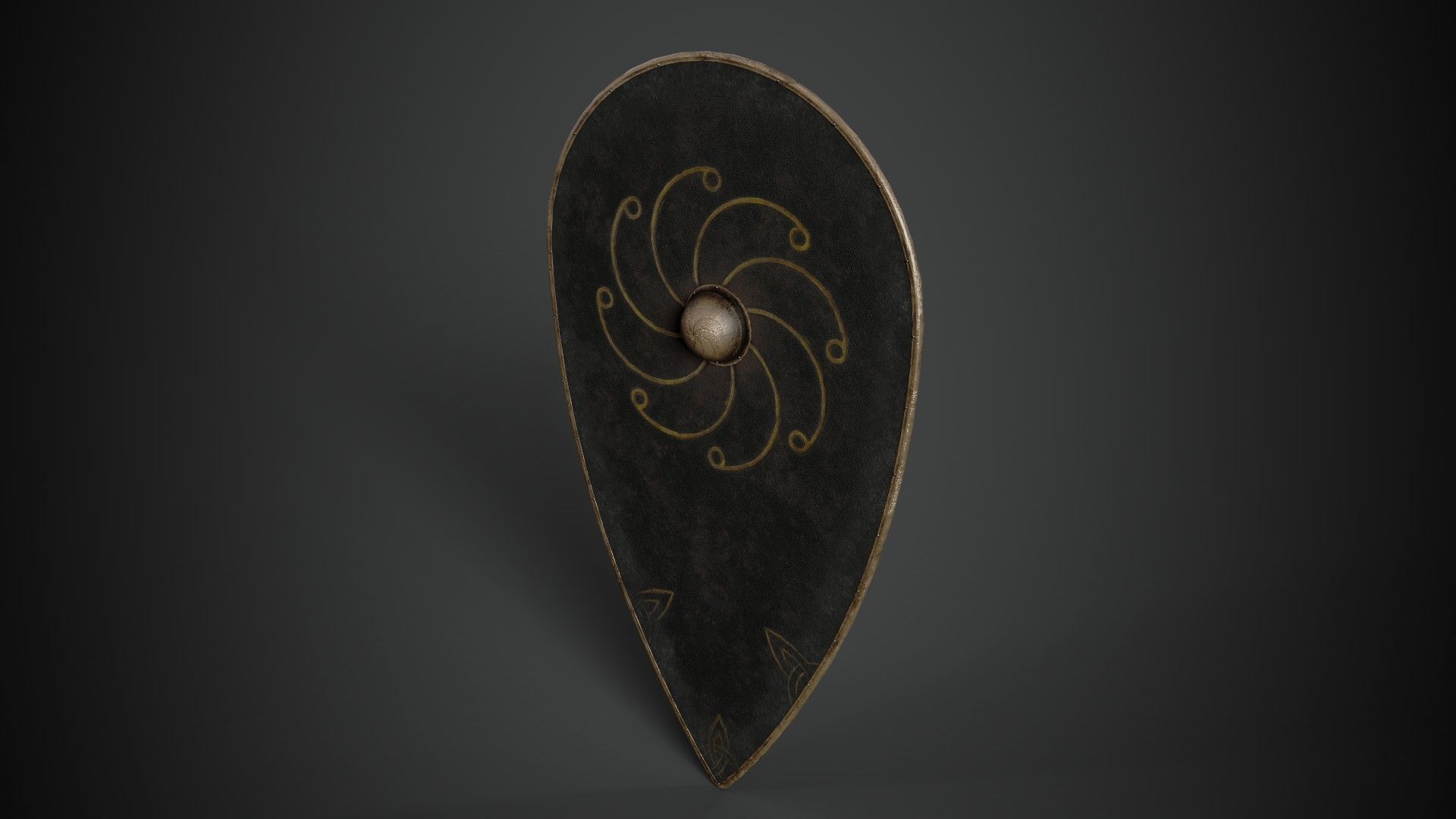Slavic kite leather shield-painted black with radial symbol Low-poly 3D model_5