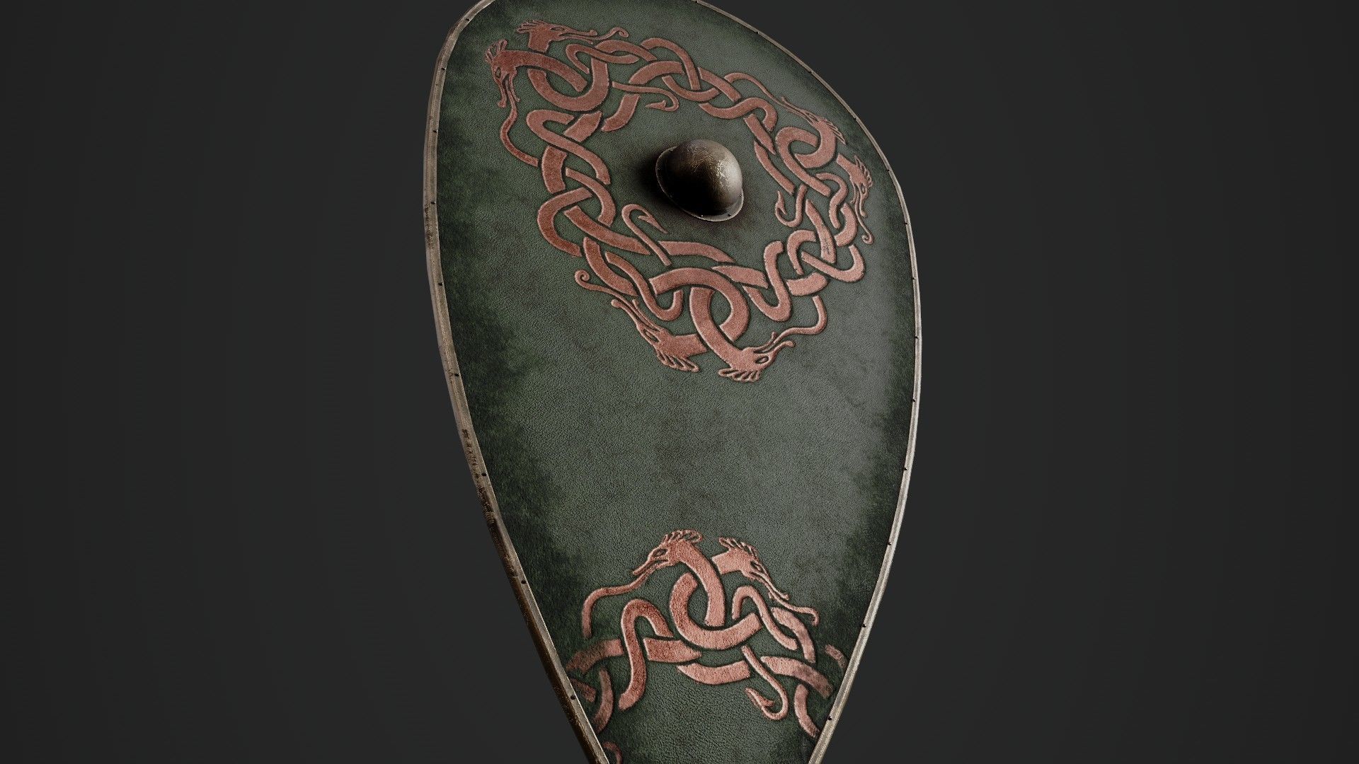 Slavic kite leather shield-painted green with uroboros symbol Low-poly 3D model_4