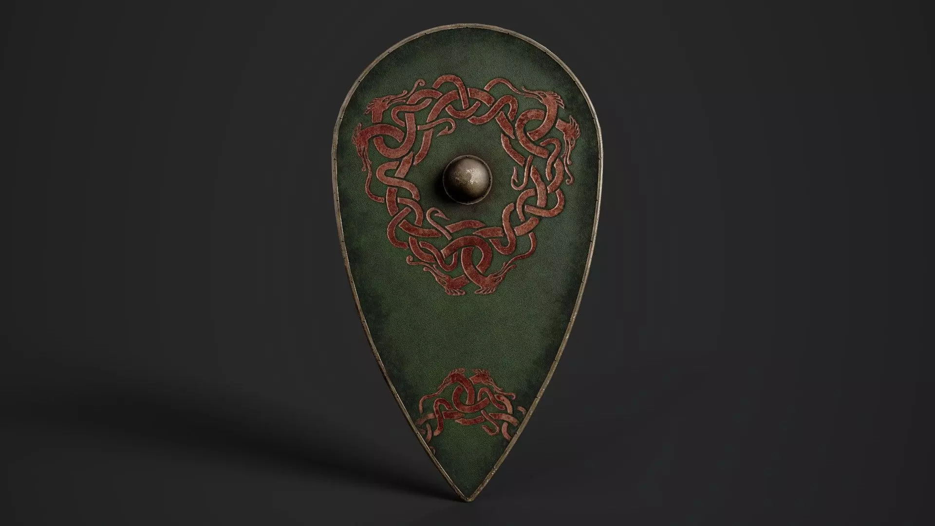 Slavic kite leather shield-painted green with uroboros symbol Low-poly 3D model_0