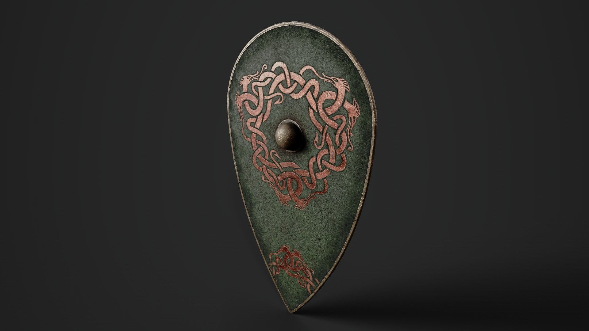 Slavic kite leather shield-painted green with uroboros symbol Low-poly 3D model_5