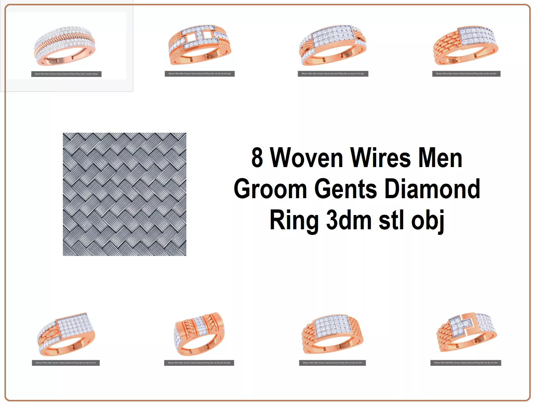 8 Woven Wires Men Groom Gents Diamond Ring 3dm stl obj 3D Model Collection_0