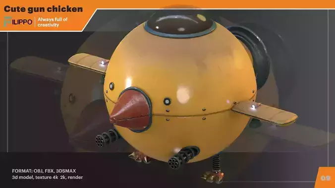 Cute gun chicken Low-poly 3D model