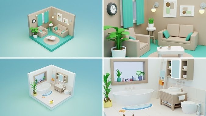BIG PACK Cozy Cartoon Rooms Interiors Low-poly 3D model 5