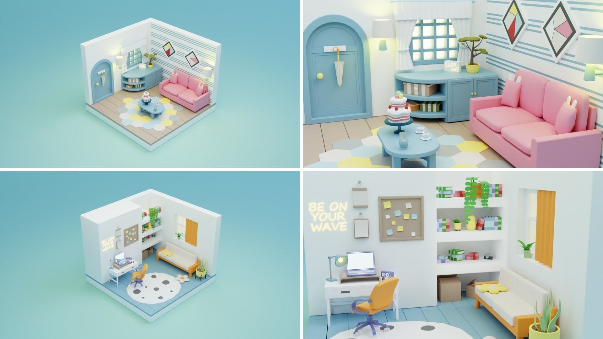 BIG PACK Cozy Cartoon Rooms Interiors Low-poly 3D model_9