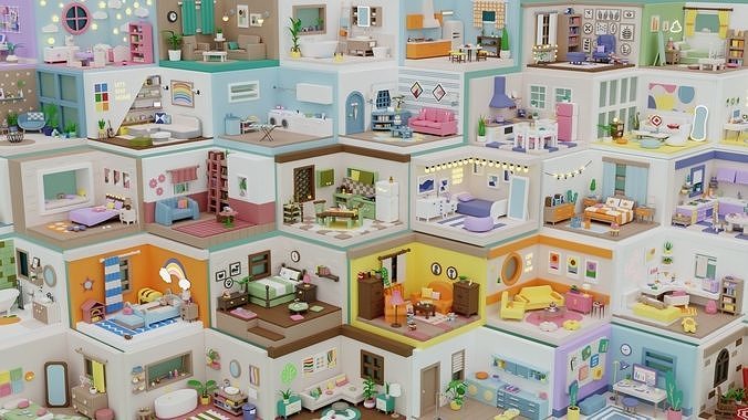 BIG PACK Cozy Cartoon Rooms Interiors Low-poly 3D model 3