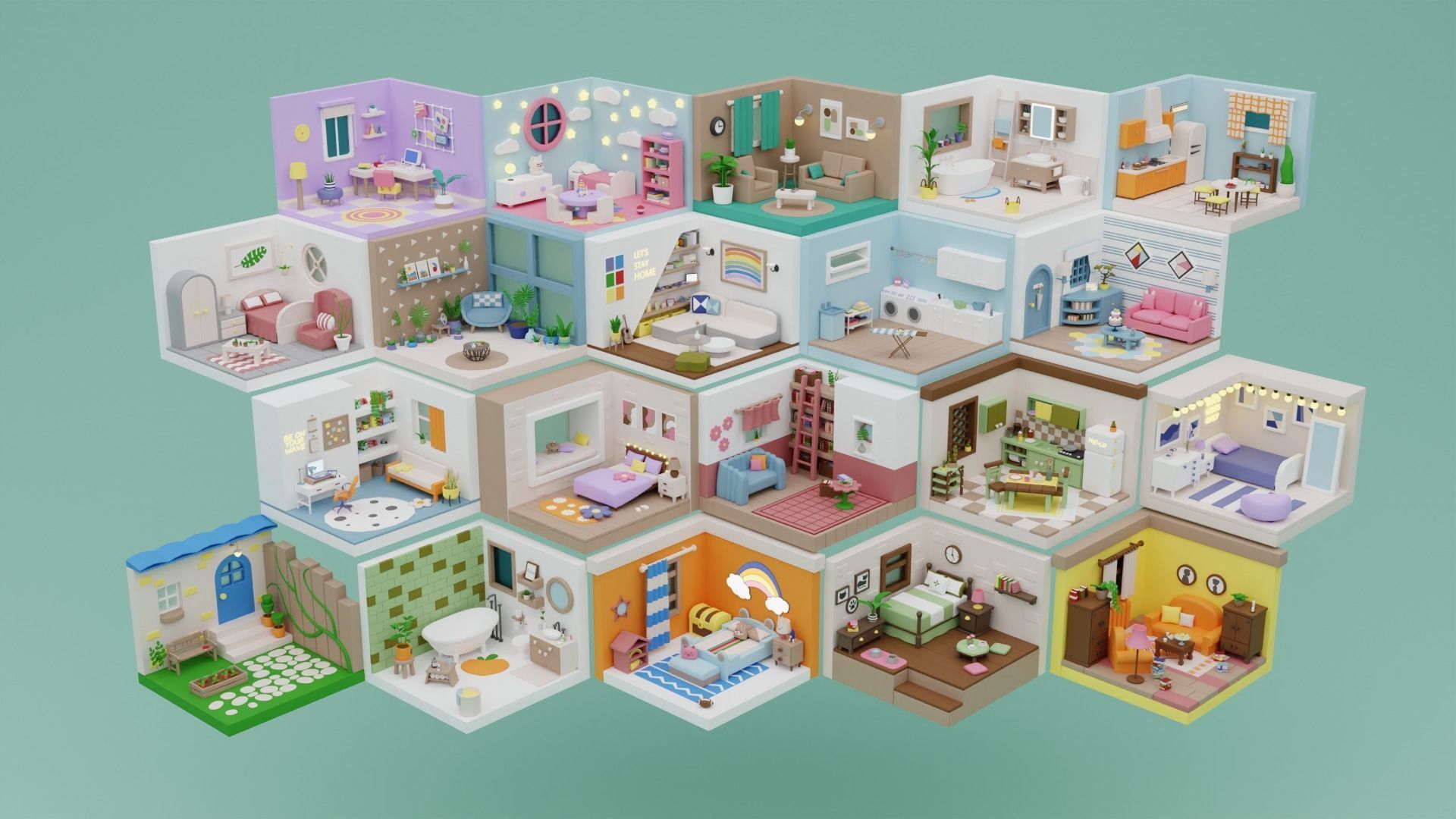 BIG PACK Cozy Cartoon Rooms Interiors Low-poly 3D model_34