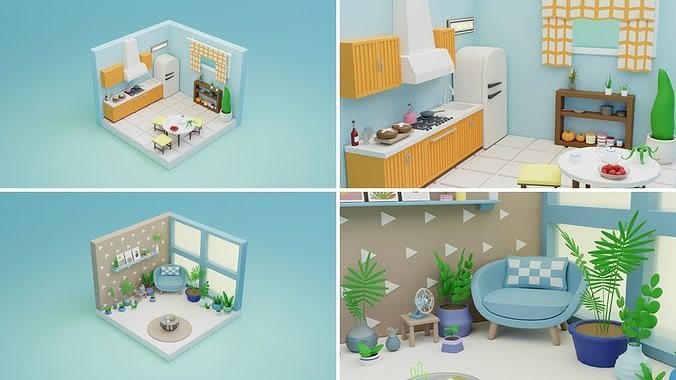BIG PACK Cozy Cartoon Rooms Interiors Low-poly 3D model 6