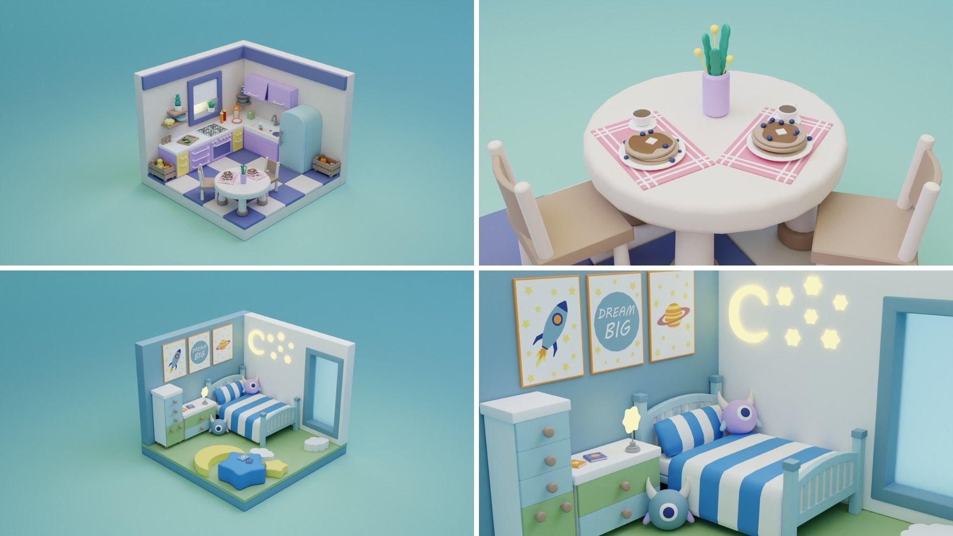 BIG PACK Cozy Cartoon Rooms Interiors Low-poly 3D model_20
