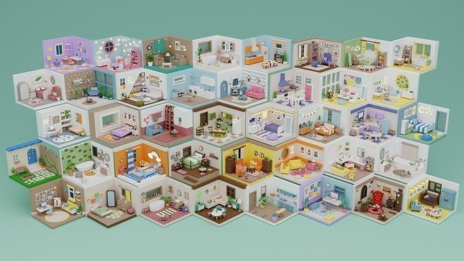BIG PACK Cozy Cartoon Rooms Interiors Low-poly 3D model 2