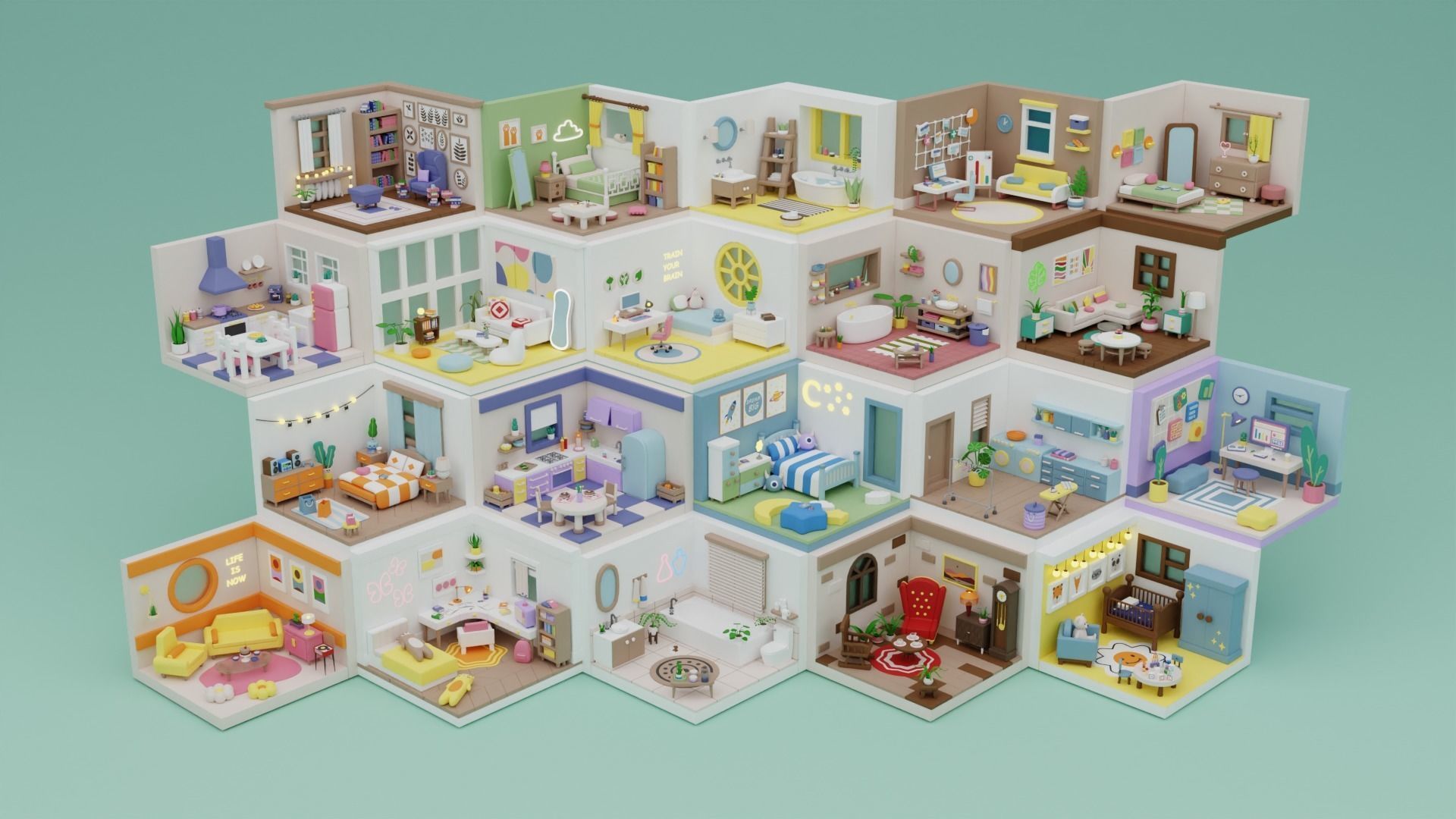 BIG PACK Cozy Cartoon Rooms Interiors Low-poly 3D model_35