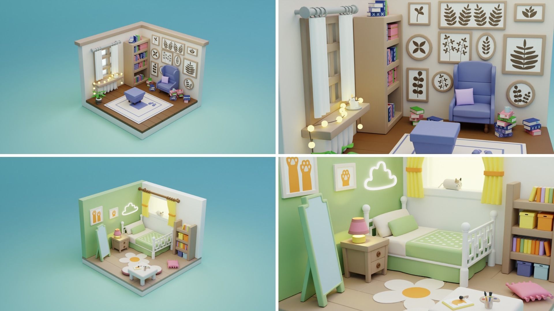 BIG PACK Cozy Cartoon Rooms Interiors Low-poly 3D model_15