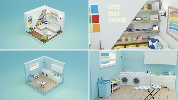BIG PACK Cozy Cartoon Rooms Interiors Low-poly 3D model 7