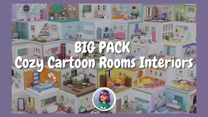 BIG PACK Cozy Cartoon Rooms Interiors Low-poly 3D model