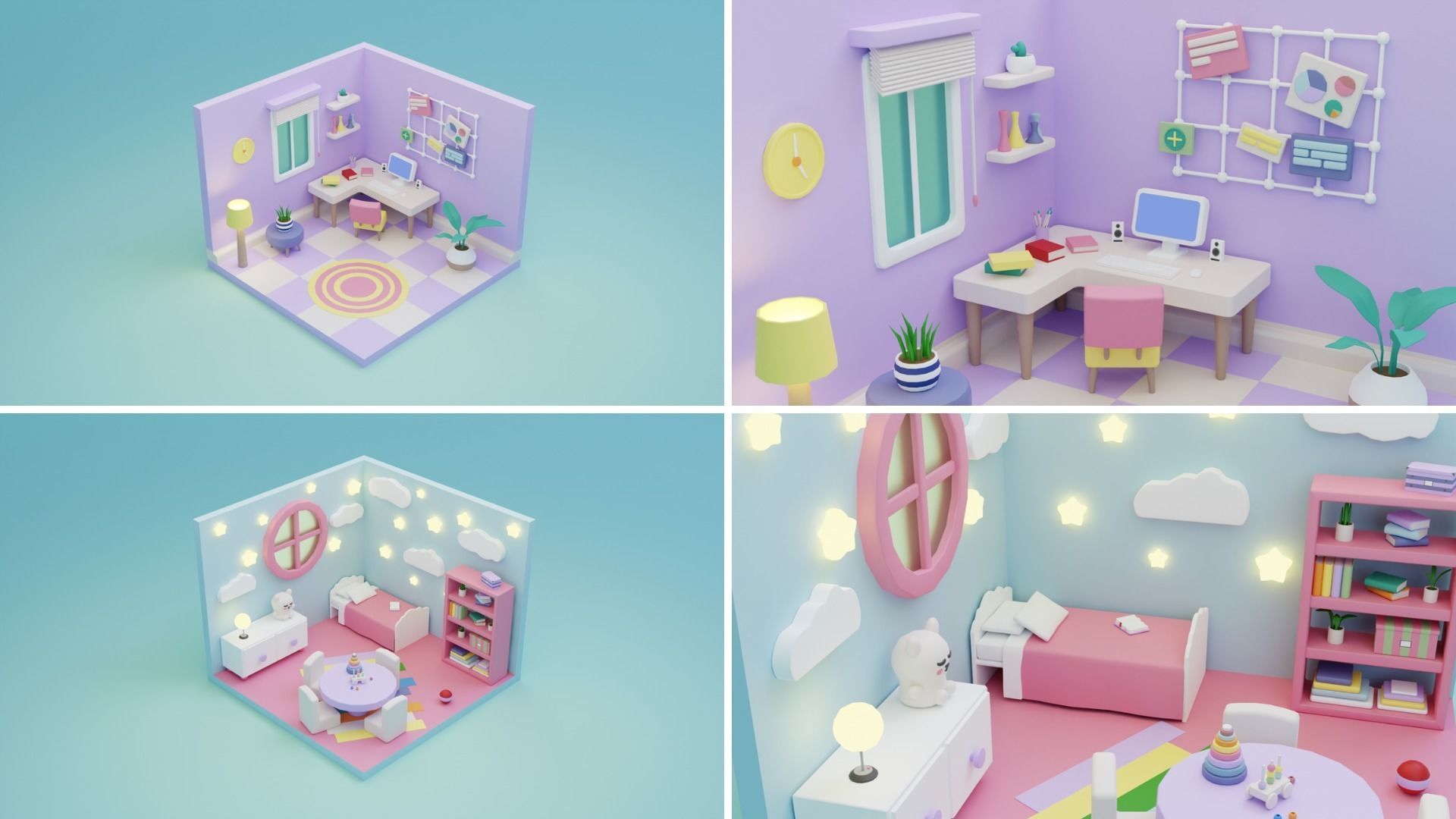 BIG PACK Cozy Cartoon Rooms Interiors Low-poly 3D model_5