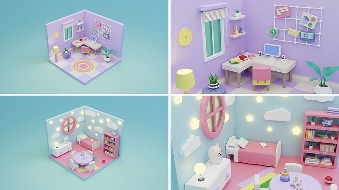 BIG PACK Cozy Cartoon Rooms Interiors Low-poly 3D model 4