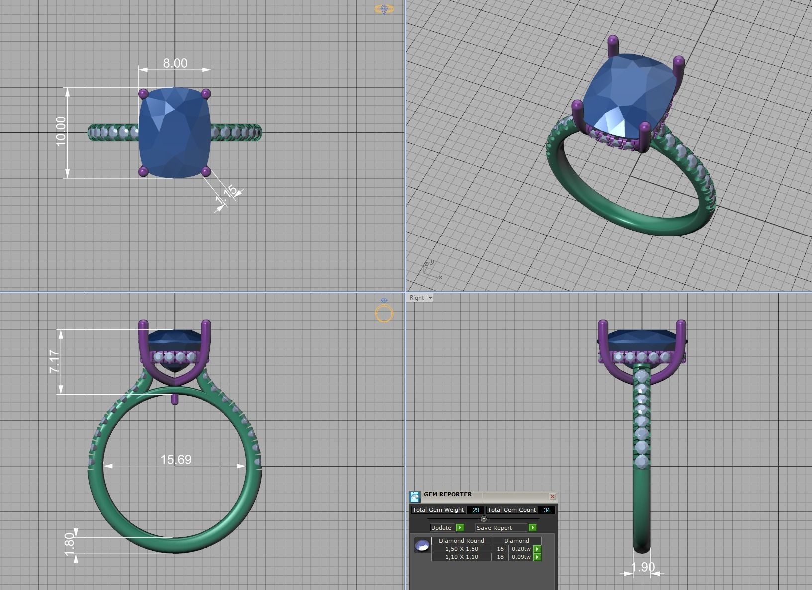 Classic Bridal Set with a 4ct Cushion Stone Under Halo Design 3D print model_13