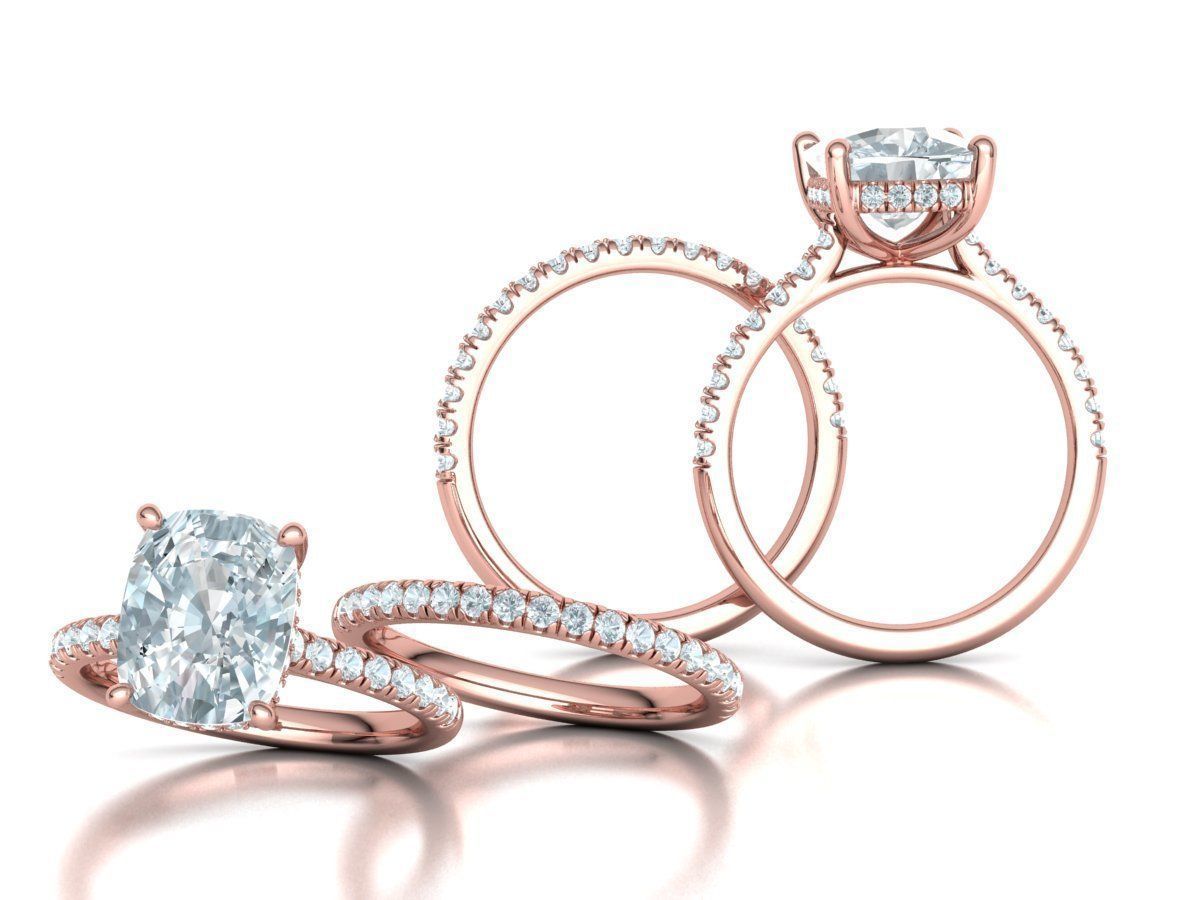 Classic Bridal Set with a 4ct Cushion Stone Under Halo Design 3D print model_4