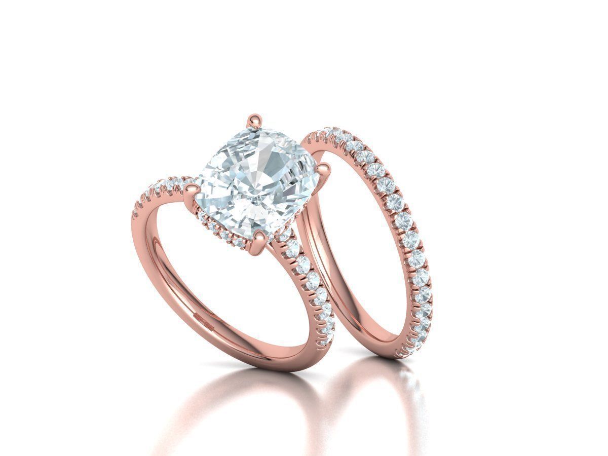 Classic Bridal Set with a 4ct Cushion Stone Under Halo Design 3D print model_1