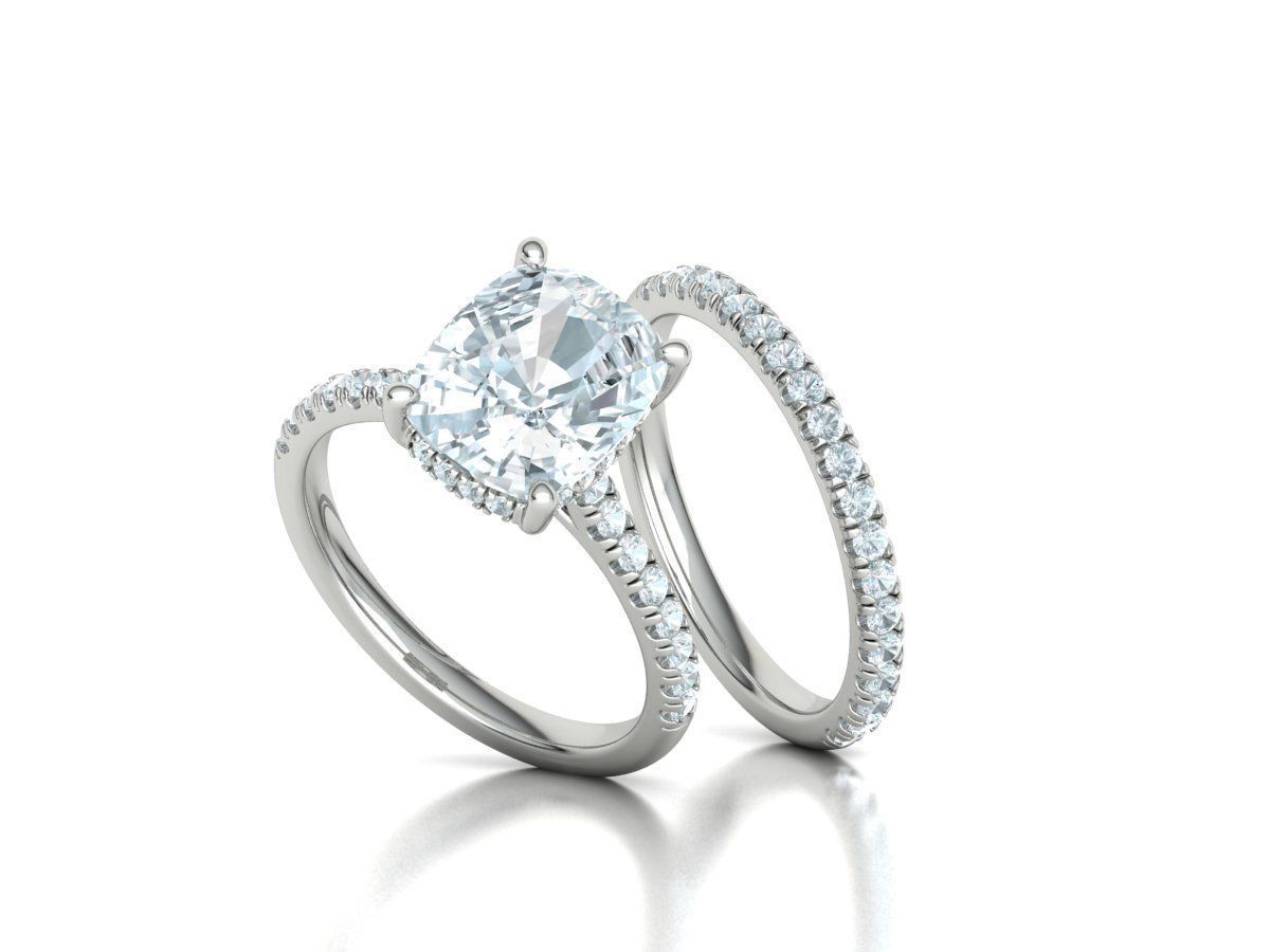 Classic Bridal Set with a 4ct Cushion Stone Under Halo Design 3D print model_3