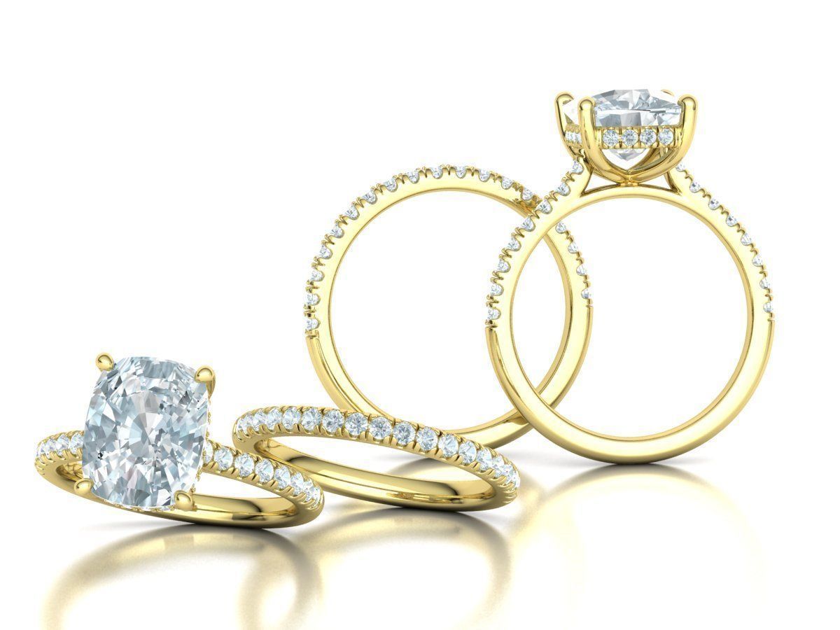 Classic Bridal Set with a 4ct Cushion Stone Under Halo Design 3D print model_5