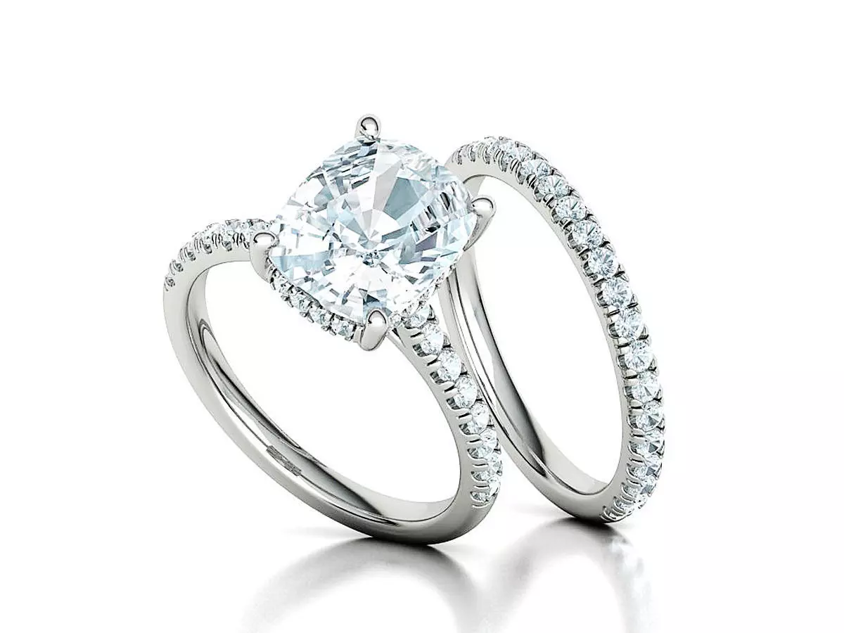 Classic Bridal Set with a 4ct Cushion Stone Under Halo Design 3D print model_0