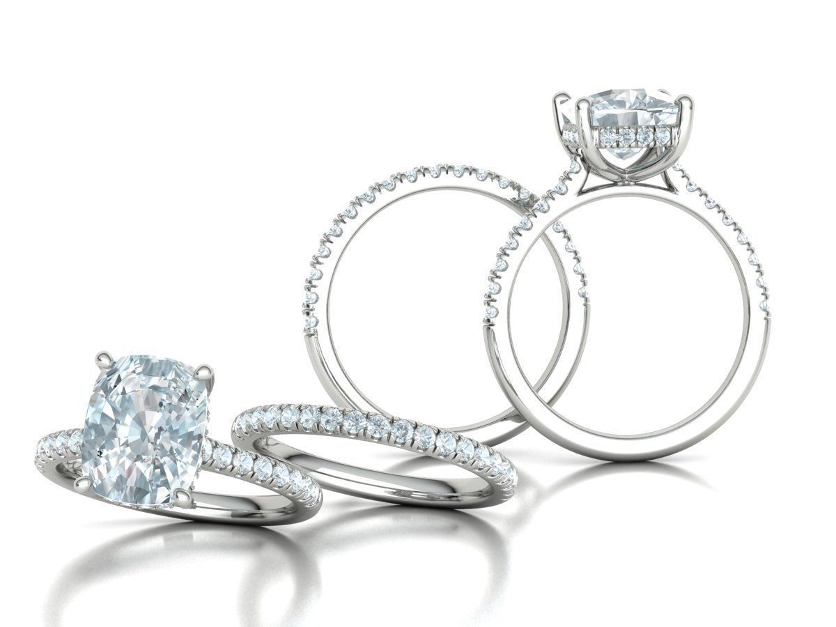 Classic Bridal Set with a 4ct Cushion Stone Under Halo Design 3D print model_6