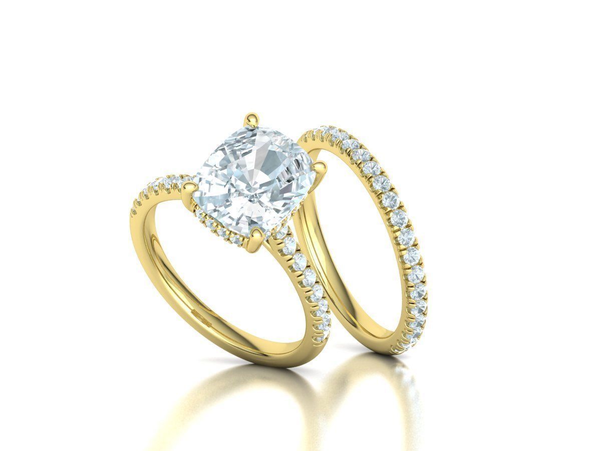 Classic Bridal Set with a 4ct Cushion Stone Under Halo Design 3D print model_2