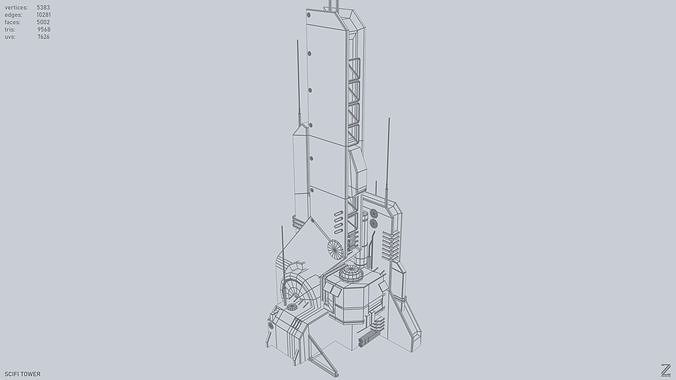 Scifi tower Low-poly 3D model 4